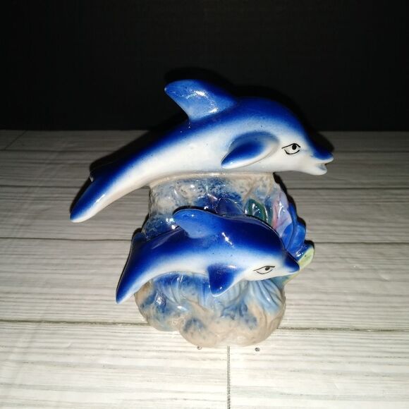 Vintage Ceramic Dolphins Figurine Blue Iridescent Luster Nautical Decor 4½in - Picture 5 of 9